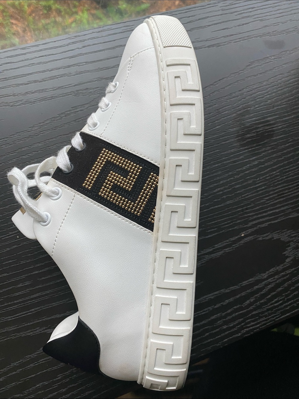 Versace White Sneakers with Black & Gold Geometric Stripe